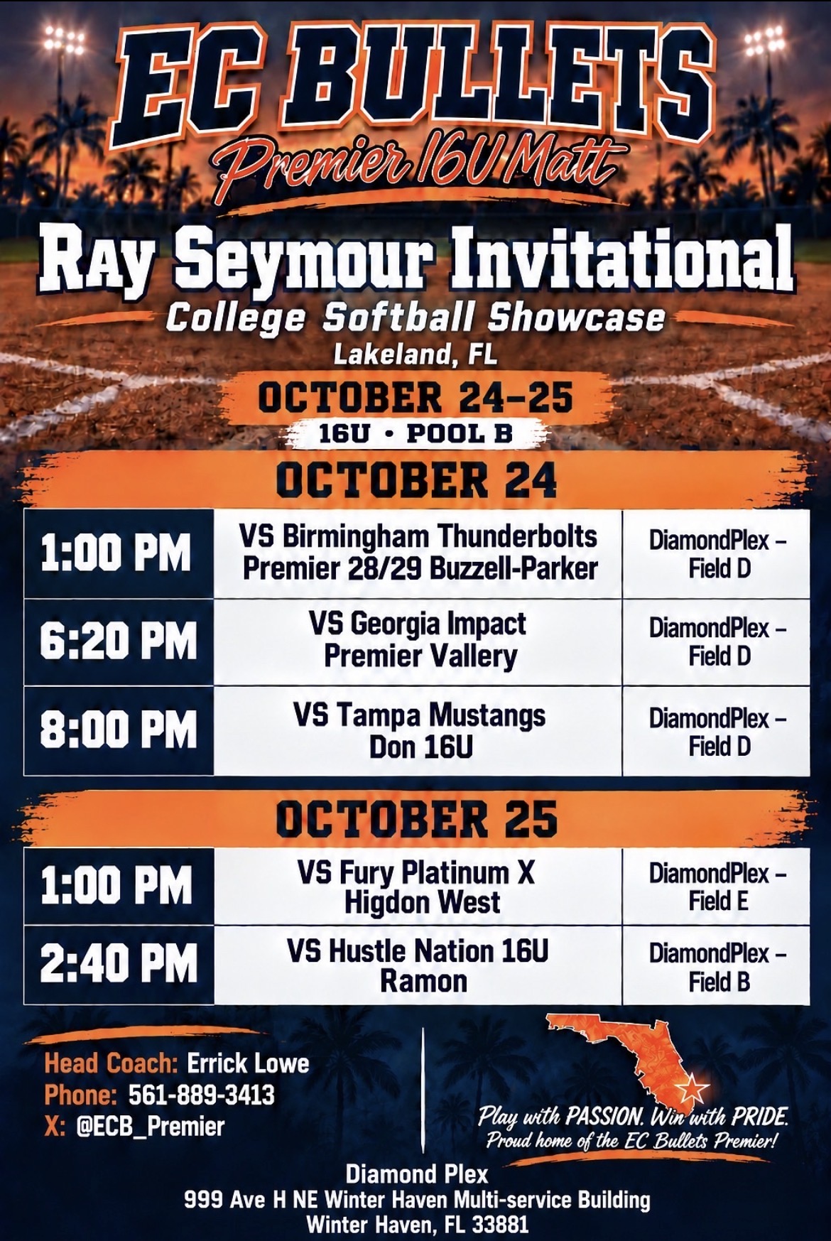 Ray Seymour Invitational college softball showcase game schedule, October 24–25, 2026, DiamondPlex in Lakeland, Florida